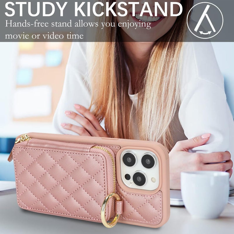 Hamany Crossbody Wallet Case for iPhone 15 Pro Max, PU Leather Zipper Handbag Purse Flip Cover, Kickstand Folio Case with Card Slots Holder Wrist Strap Lanyard 5G 6.7 Inch-Rose Gold - Image 4